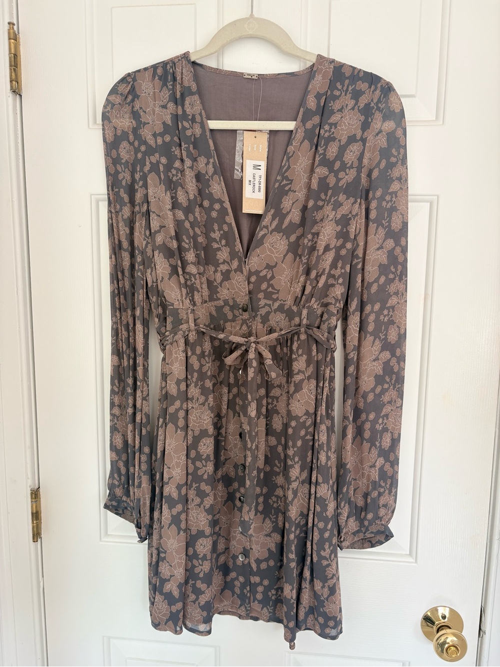 Chan Luu Floral V-Neck Tie-Waist Long Sleeve Dress